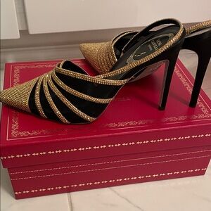 Rene Caovilla Black and Gold Crystal-Trimmed Pointed Slingback Pumps